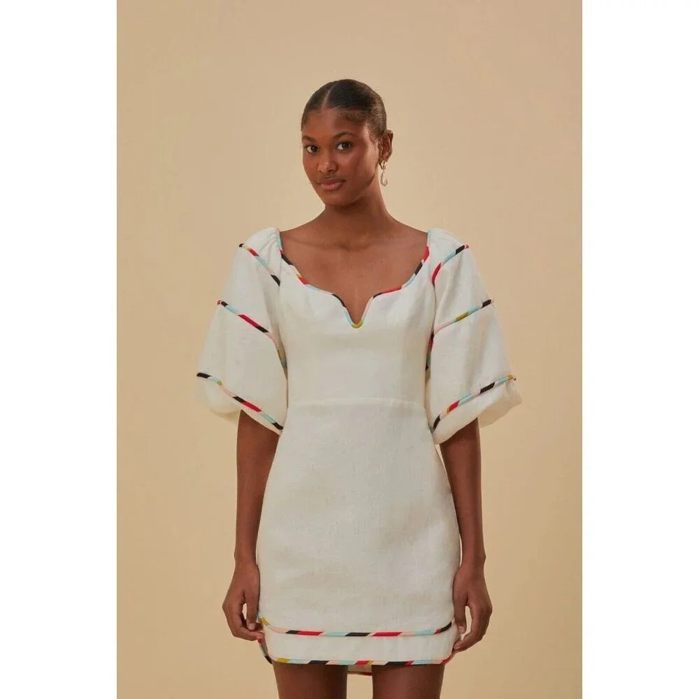 FARM Rio White Mini Dress with Multicolor Trim